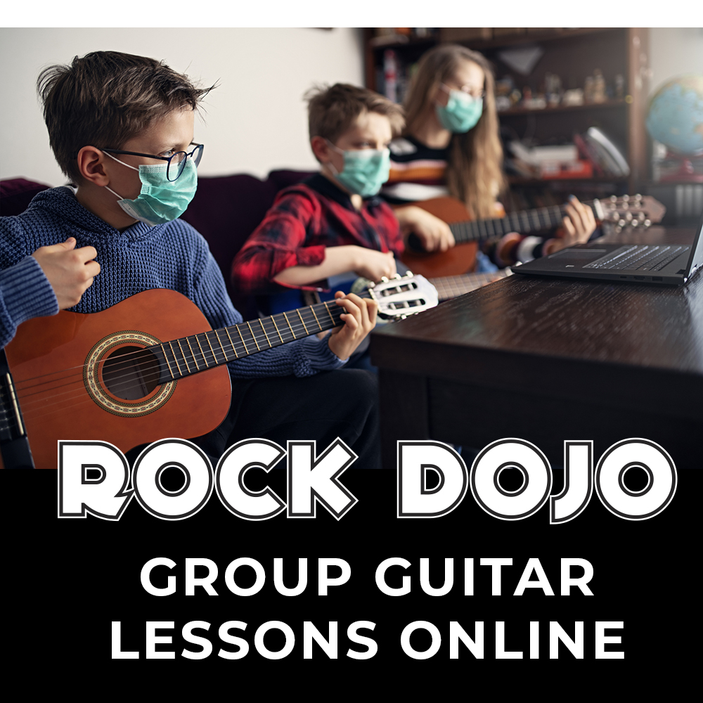 Group of kids taking guitar lessons online