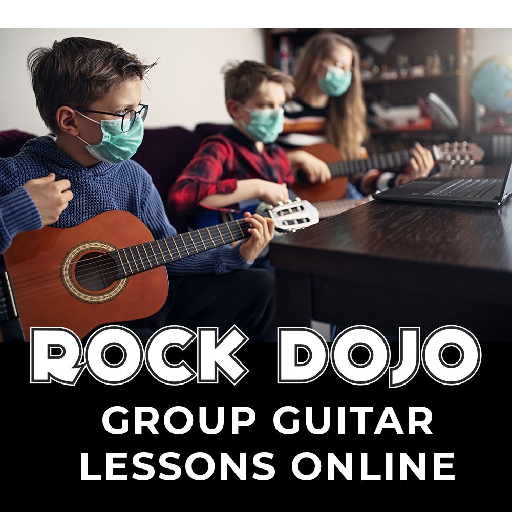 Group of kids taking guitar lessons online