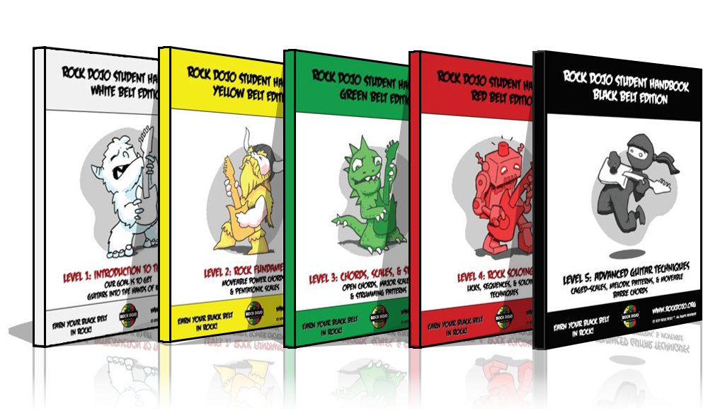 5 comprehensive student handbooks for the Rock Dojo online guitar lessons for kids