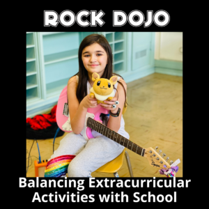 Smiling Rock Dojo student balancing extracurricular activities with guitar lessons and after-school classes while holding a Pokemon