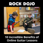 Enthusiastic students with electric guitar focused on music sheet during online guitar lessons