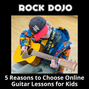 Rock Dojo student taking online guitar lessons for kids - focused on playing guitar