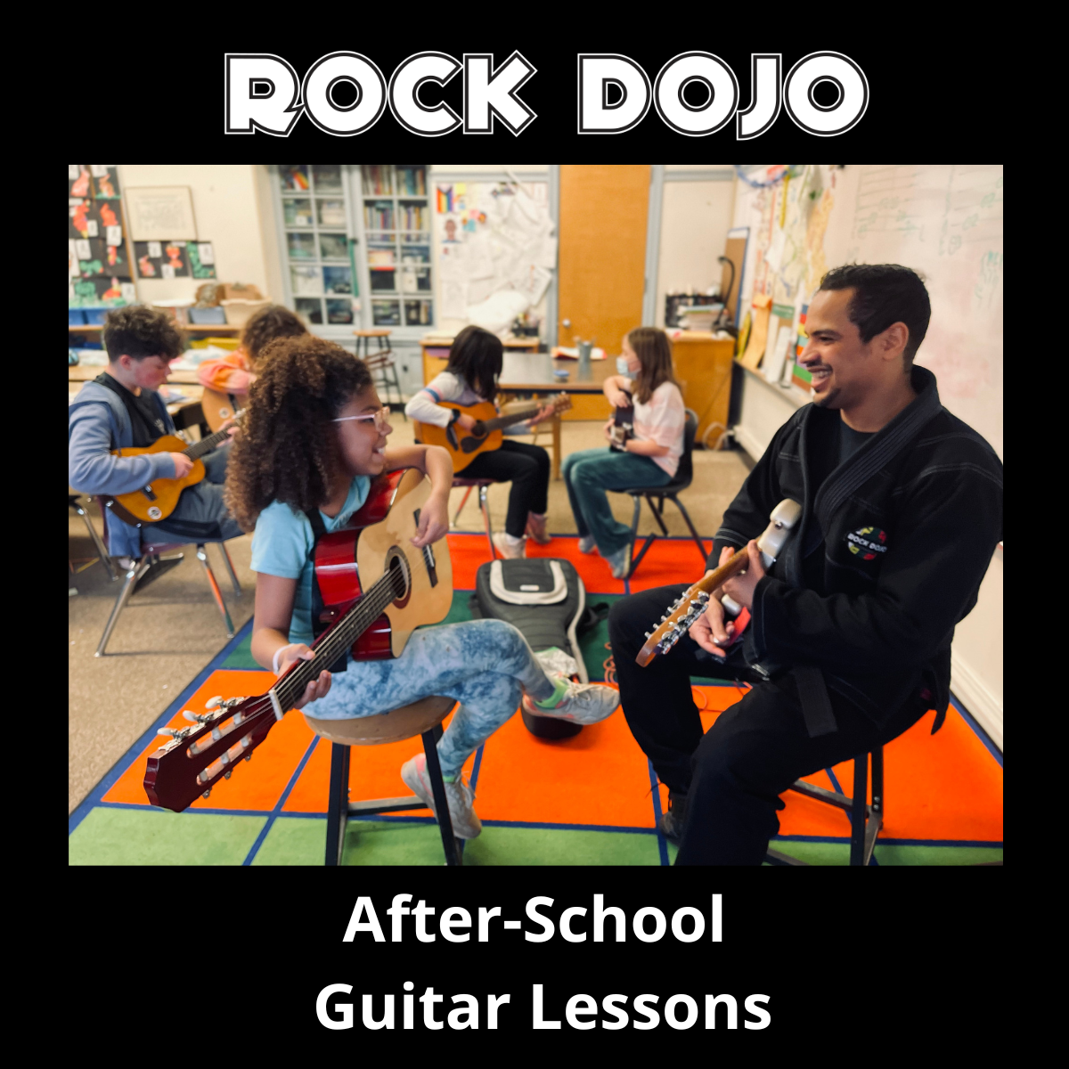 ock Dojo instructor teaching after-school guitar lessons to a group of attentive students.