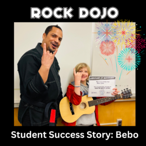 Bebo and Brian Parham celebrating Rock Dojo student success with White Belt certificate and wristband