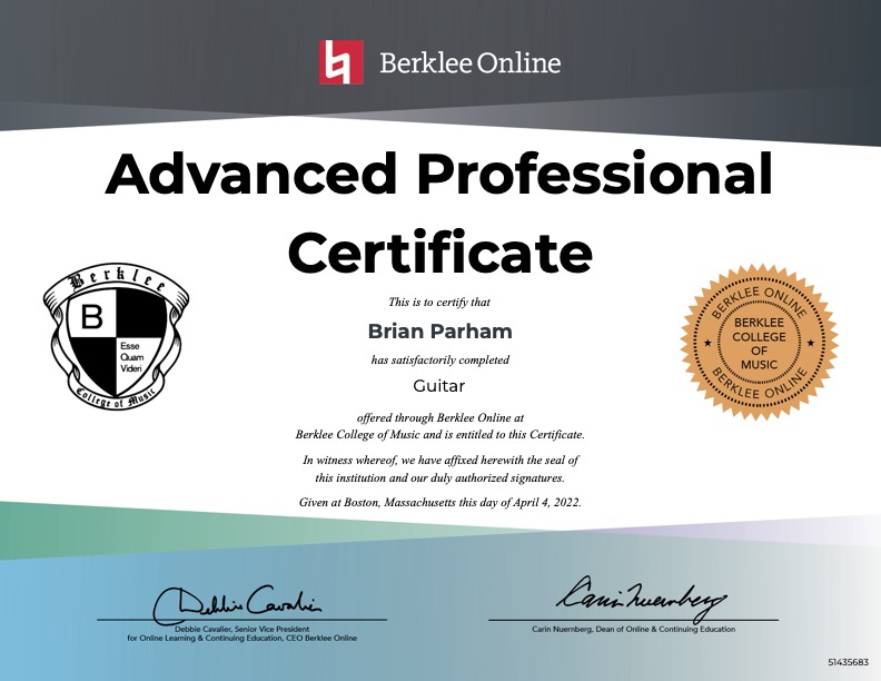 Brian Parham's Berklee Advanced Guitar certificate for online guitar lessons for kids