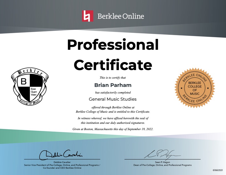 Brian Parham's Berklee General Music Studies certificate for online guitar lessons for kids