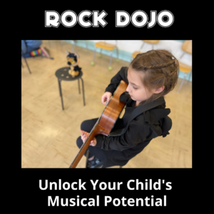 A young student practicing guitar with Rock Dojo's online guitar lessons.