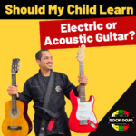 Guitar Sensei holding an electric and acoustic guitar for kids' lessons