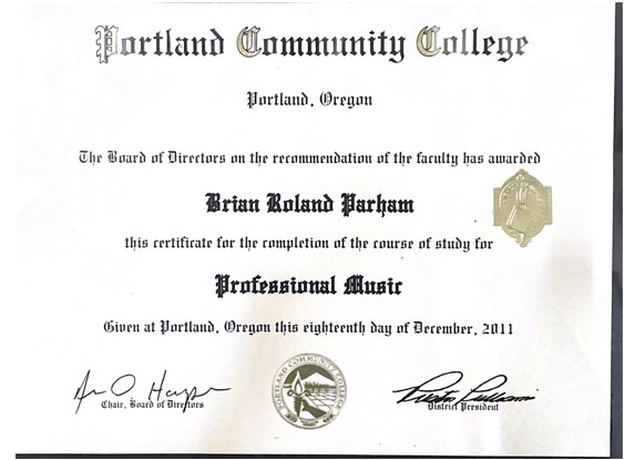 Brian Parham's professional music certification for online guitar lessons for kids