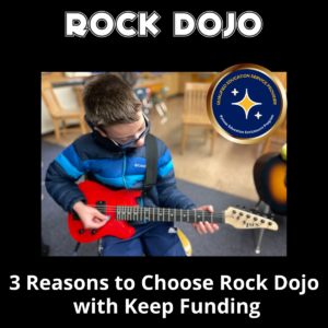 A child playing guitar with focus during a Rock Dojo lesson.