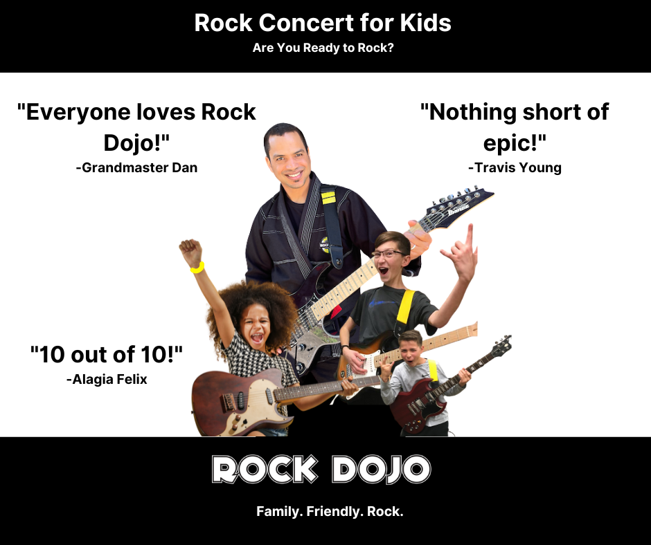Rock Dojo founder Brian Parham with kids playing guitar at a kids live concerts.