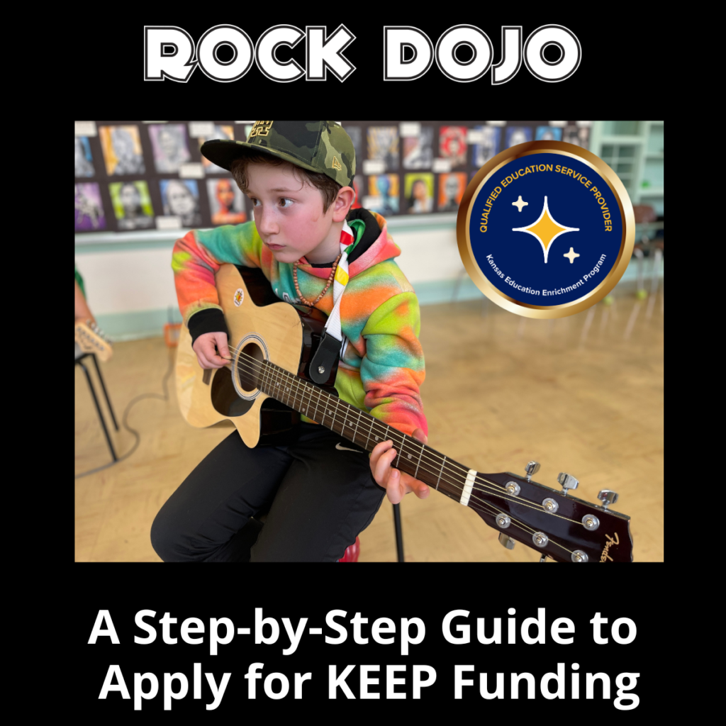 Rock Dojo student playing guitar with intense focus, benefiting from KEEP funding for music education.