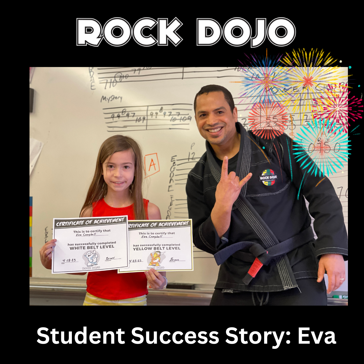 Rock Dojo student Eva proudly holding White and Yellow Belt certificates alongside Guitar Sensei Brian Parham