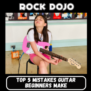 The image represents a guitar student making a mistake on the guitar