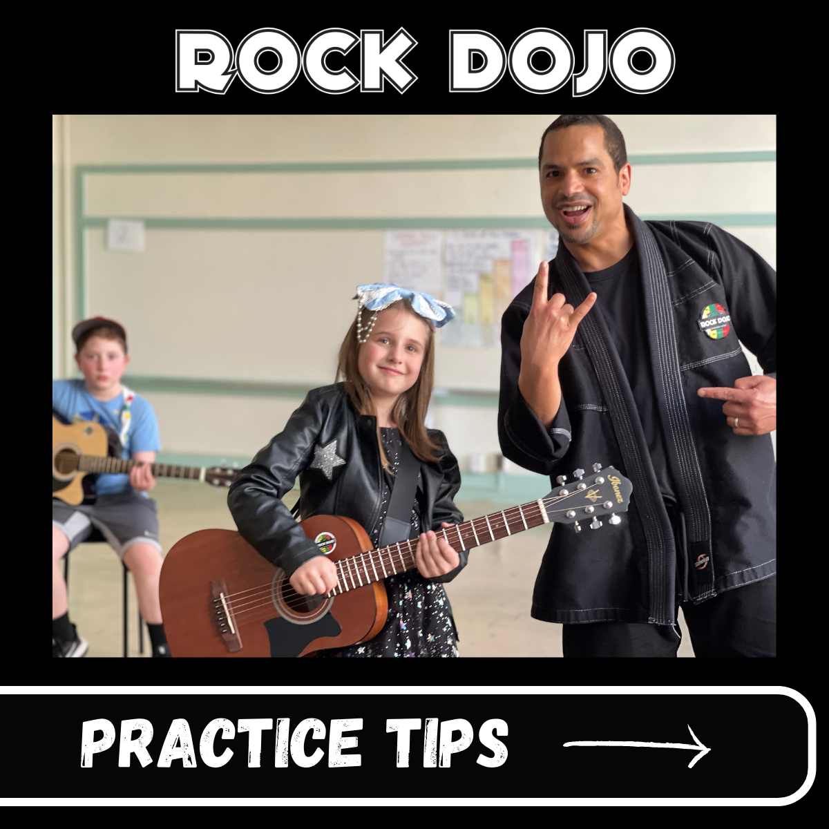 Rock Dojo guitar sensei and young student learning guitar practice techniques together