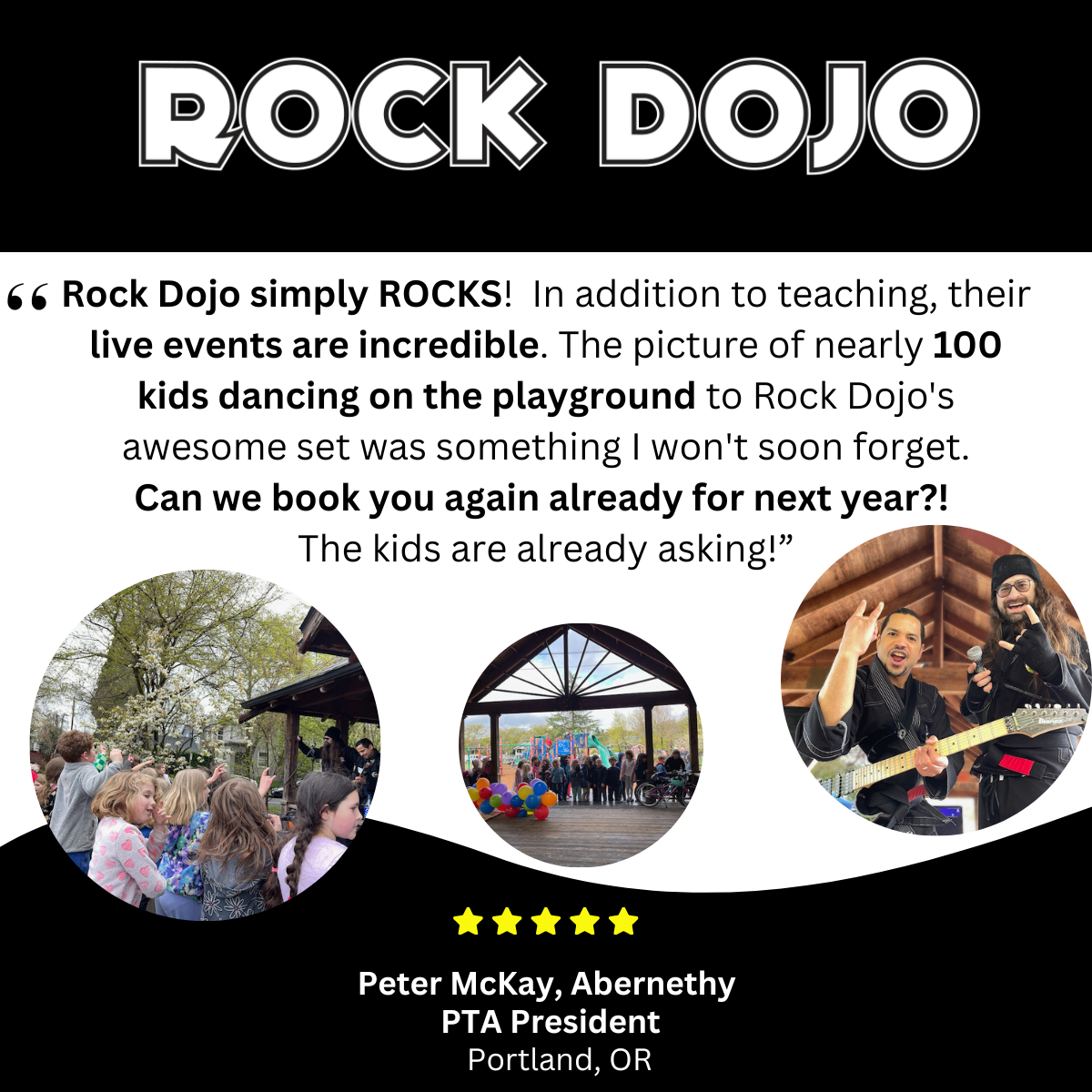 Attendee giving a thumbs-up at a Rock Dojo live concert in Portland, OR with a testimonial text overlay.