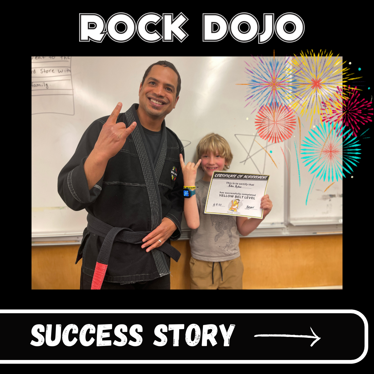 Rock Dojo Guitar Lessons - Instructor and Bibo holding certificate of completion