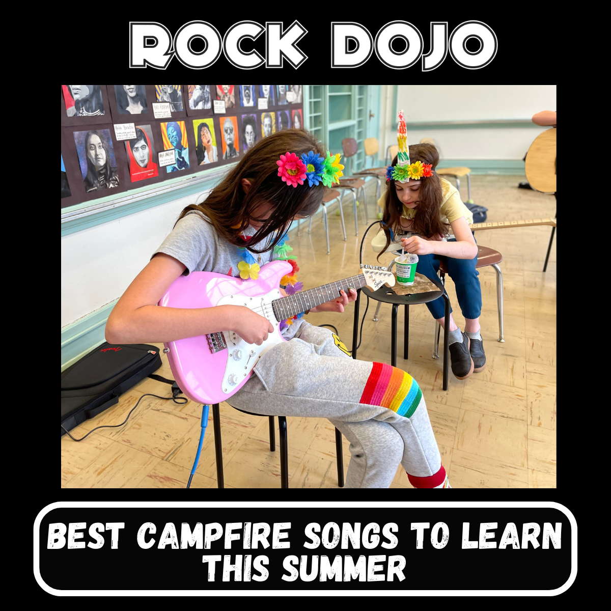 The image describes a middle school child wearing a flower crown and playing a pink electric guitar after-school