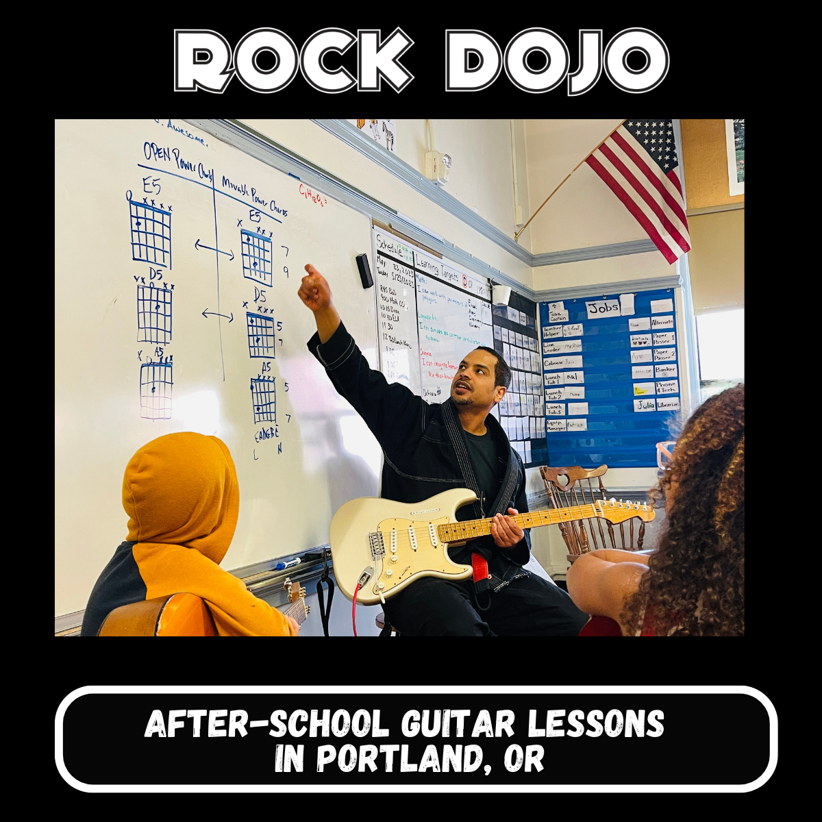 Kids enjoying after-school guitar lessons in Portland with Rock Dojo