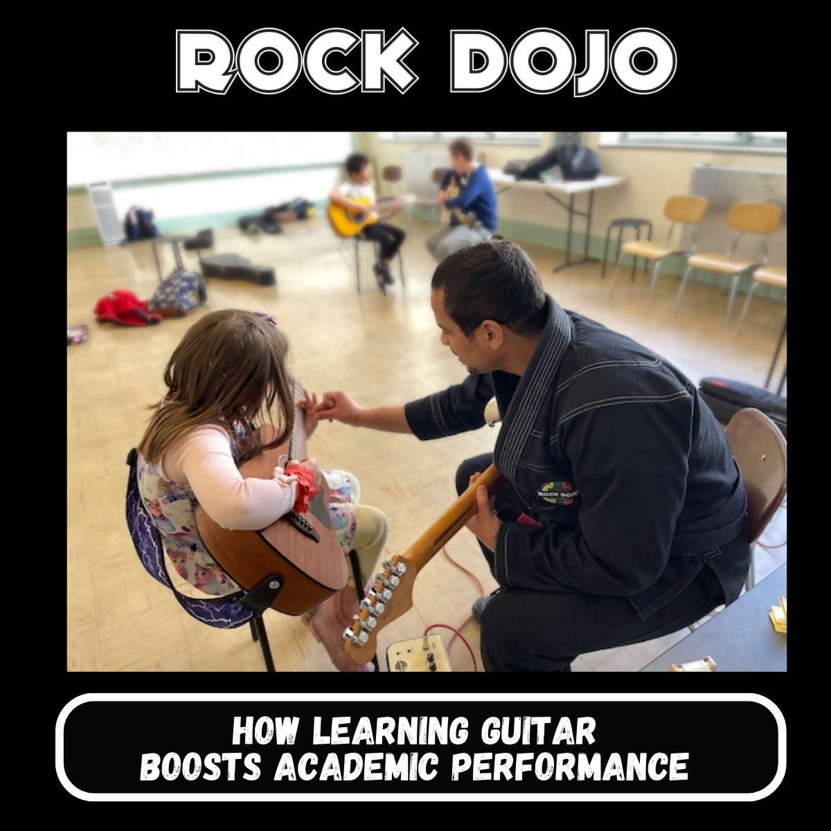 Young student passionately learning guitar with Rock Dojo's online curriculum.
