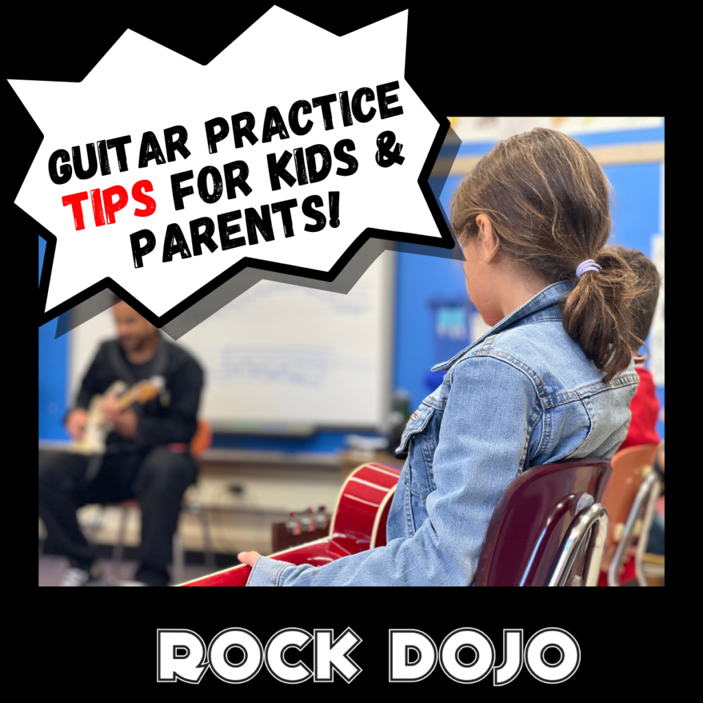 Young child practicing guitar with Rock Dojo's tips