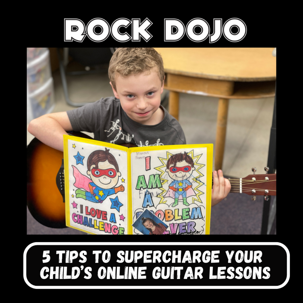 Child taking online guitar lessons with Rock Dojo.