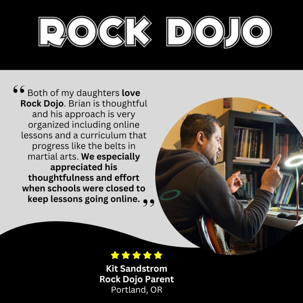 Instructor from Rock Dojo conducting online guitar lessons, pointing at musical notes to explain a concept to students.