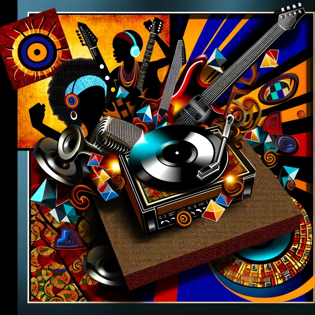 Dynamic image symbolizing Black Musicians in Rock and Metal Music, showcasing electric guitars, amplifiers, and vinyl records intertwined with African patterns, embodying the fusion of Black heritage and rock/metal music.