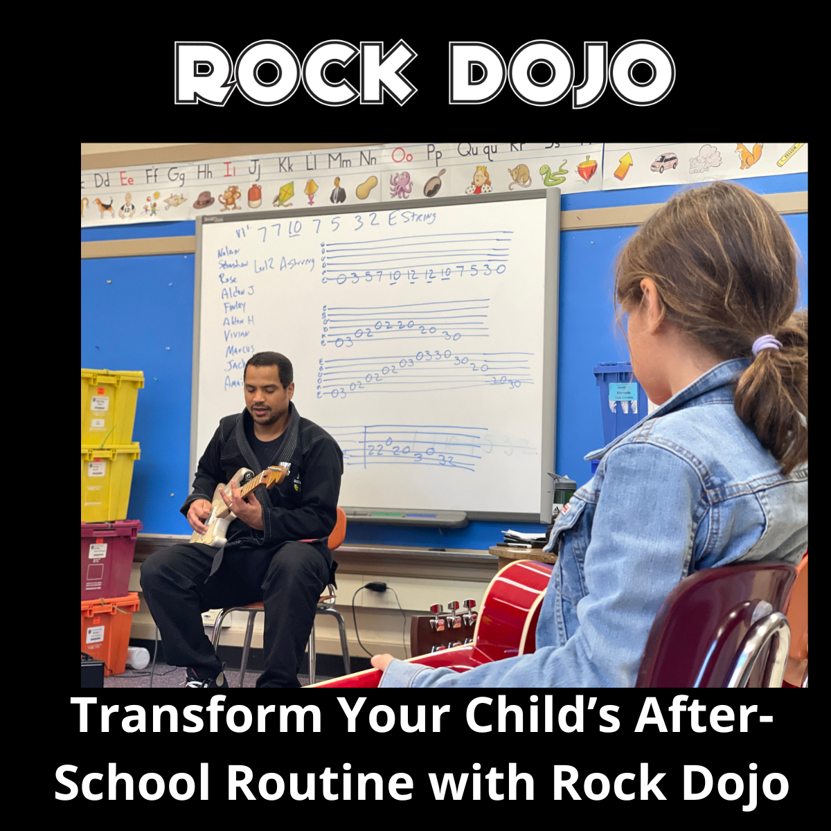 Children enjoying after-school guitar lessons at Rock Dojo, showcasing a hands-on learning experience with a focus on engagement and musical growth.