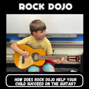 Engaged young students during a kids guitar lesson at Rock Dojo, highlighting the effective, fun, and supportive learning atmosphere.