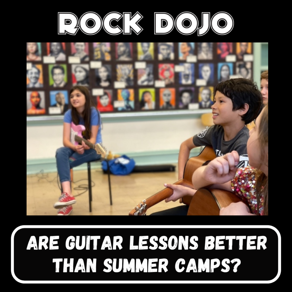 Happy child learning guitar with Rock Dojo instructor, emphasizing the focus on guitar lessons for kids in a creative and supportive setting.