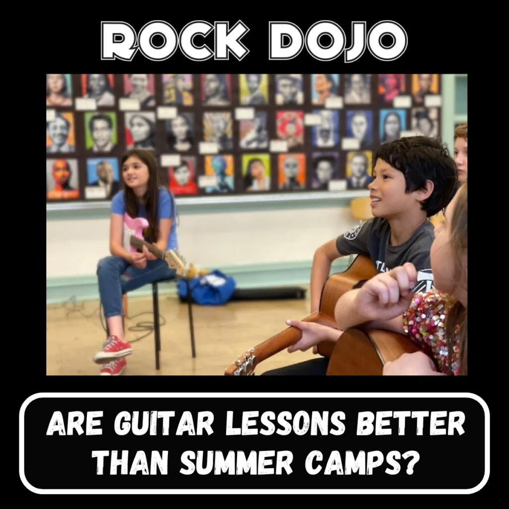 Happy child learning guitar with Rock Dojo instructor, emphasizing the focus on guitar lessons for kids in a creative and supportive setting.