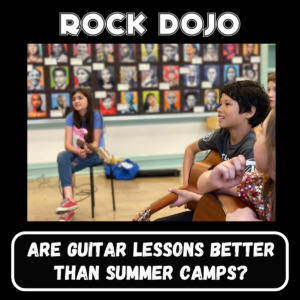 Happy child learning guitar with Rock Dojo instructor, emphasizing the focus on guitar lessons for kids in a creative and supportive setting.