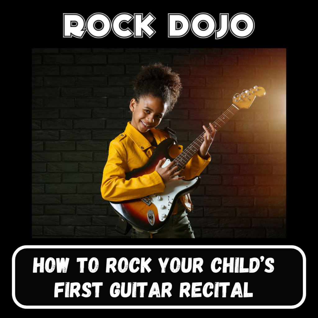  A young girl in a yellow jacket smiling while playing an electric guitar, promoting Rock Dojo's guitar recital tips.