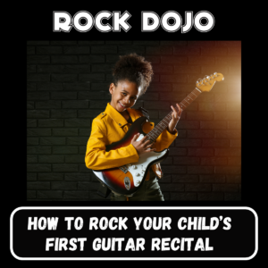 A young girl in a yellow jacket smiling while playing an electric guitar, promoting Rock Dojo's guitar recital tips.