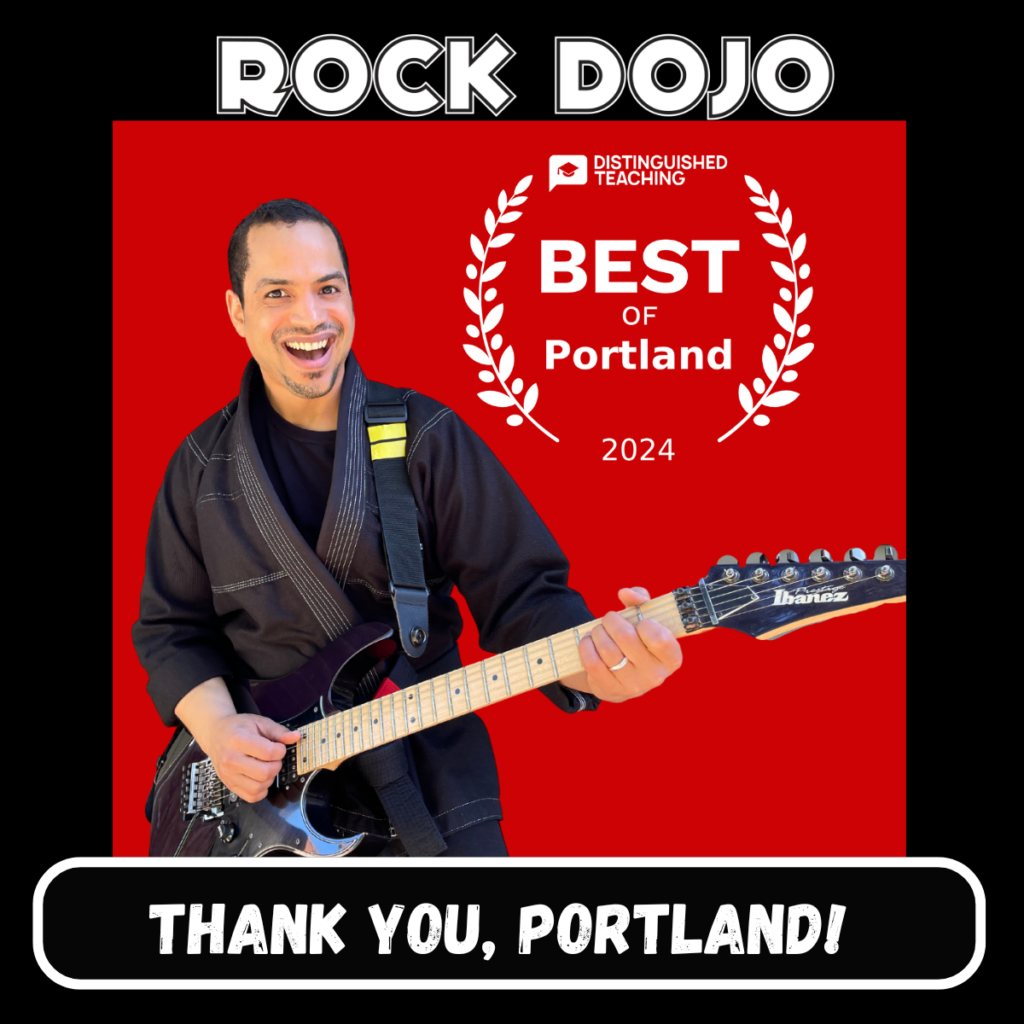 Rock Dojo awarded Best Guitar Teacher in Portland by DistinguishedTeaching.com, with children playing guitars and celebrating.