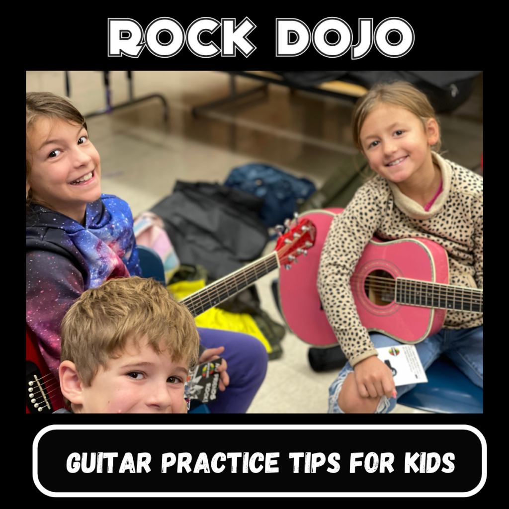 Guitar practice for kids at Rock Dojo - smiling children with guitars.