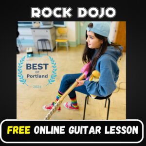 Girl playing guitar during a Rock Dojo lesson with the caption "Best of Portland 2024" and free guitar lesson.