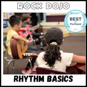 Rock Dojo students learning rhythm basics in a guitar class. Best of Portland 2024 award-winning music program for kids focused on rhythm in music.