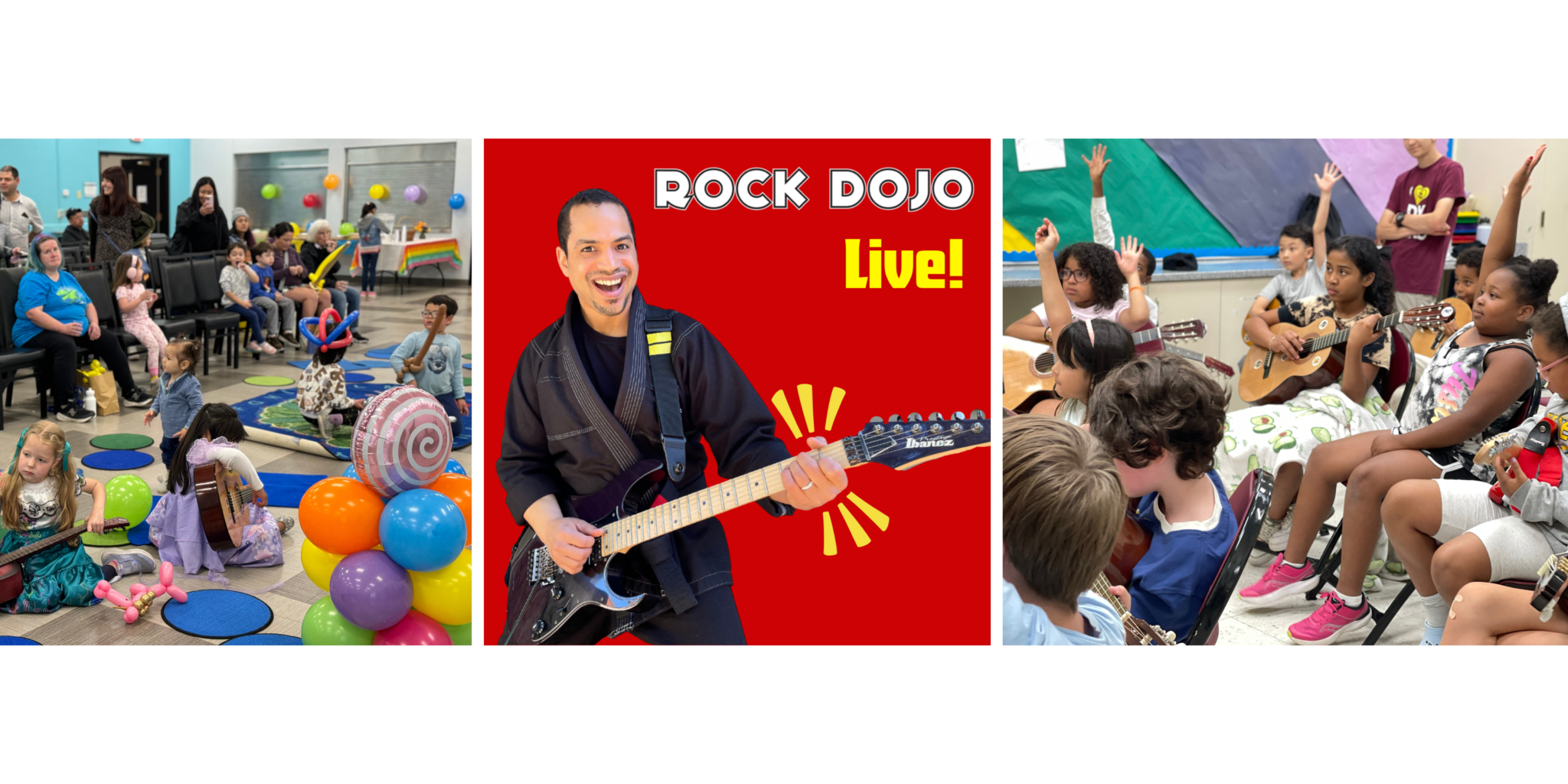 Rock Dojo Live! - A vibrant collage showcasing Brian, the founder of Rock Dojo, playing an electric guitar, surrounded by children learning guitar and enjoying a lively event with balloons and colorful decorations.