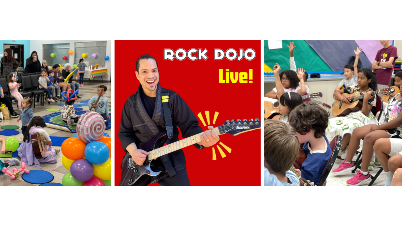 rock_dojo_live_concerts_page.png Rock Dojo Live! - A vibrant collage showcasing Brian, the founder of Rock Dojo, playing an electric guitar, surrounded by children learning guitar and enjoying a lively event with balloons and colorful decorations.